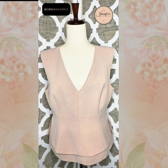 BCBGMaxAzria Tops - BCBGMaxAzria Bare Pink Layered V-Neck Sleeveless Peplum Top Size Large